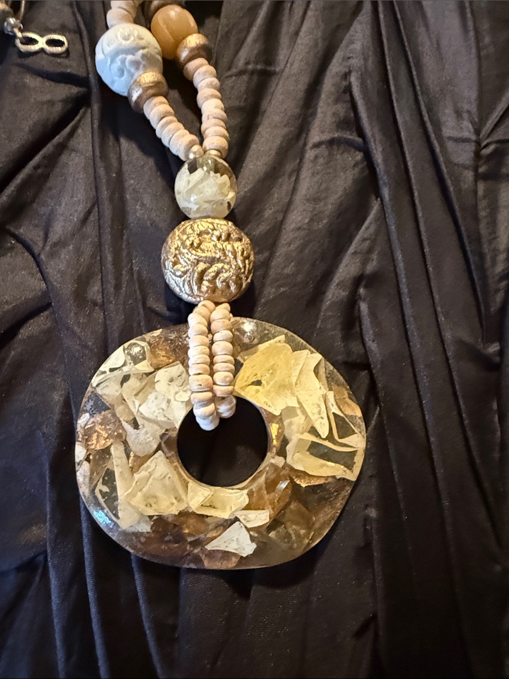 Donut pendant Beaded Statement Necklace with stone and natural shell chips